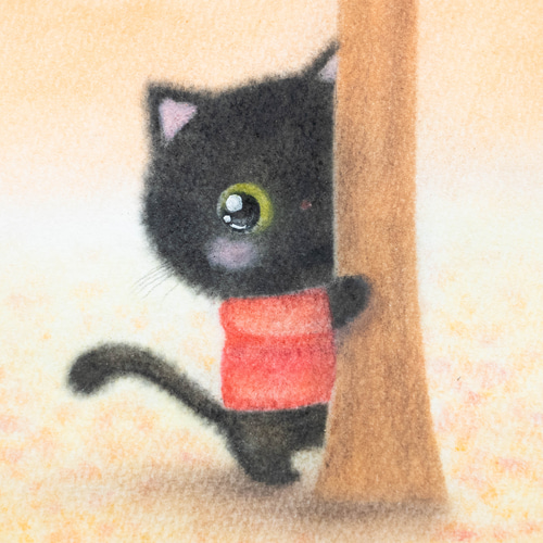 原画・フレーム付き】「黒猫とオレンジ色の中で」 ねこ ネコ