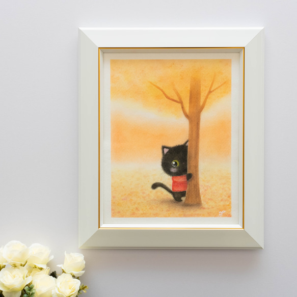 原画・フレーム付き】「黒猫とオレンジ色の中で」 ねこ ネコ