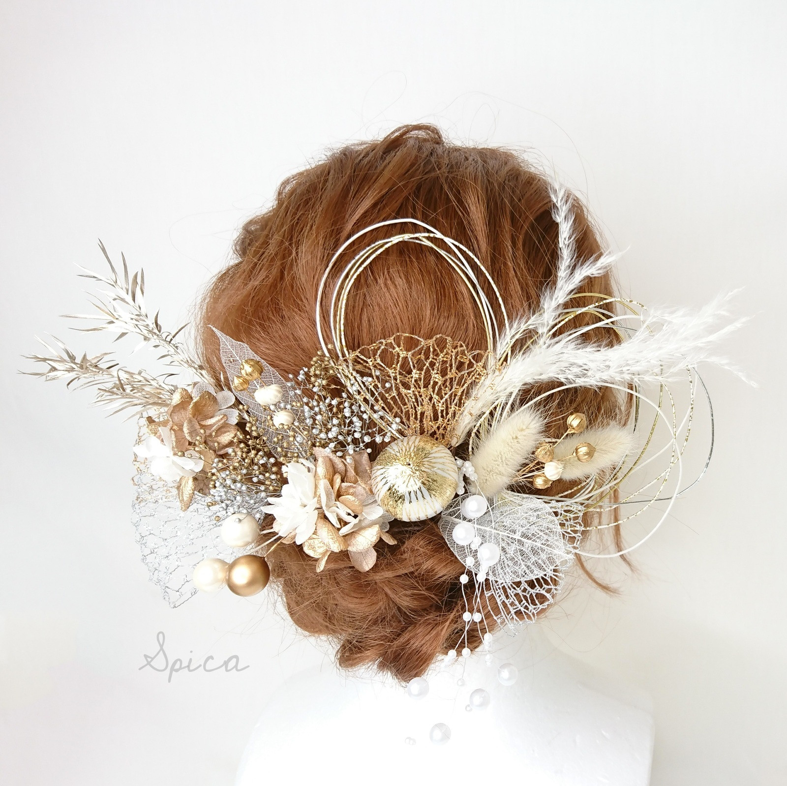 シャンパンゴールドの紫陽花と和玉とパールシャワーの髪飾り 成人式 卒業式 ウェディング ゴールド シルバー 水引