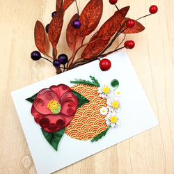 冬のお花のクイリングメッセージカード《椿×ノースポール》 1枚目の画像