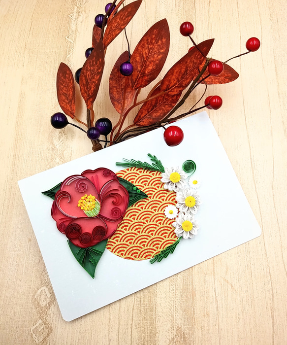 冬のお花のクイリングメッセージカード《椿×ノースポール》 1枚目の画像