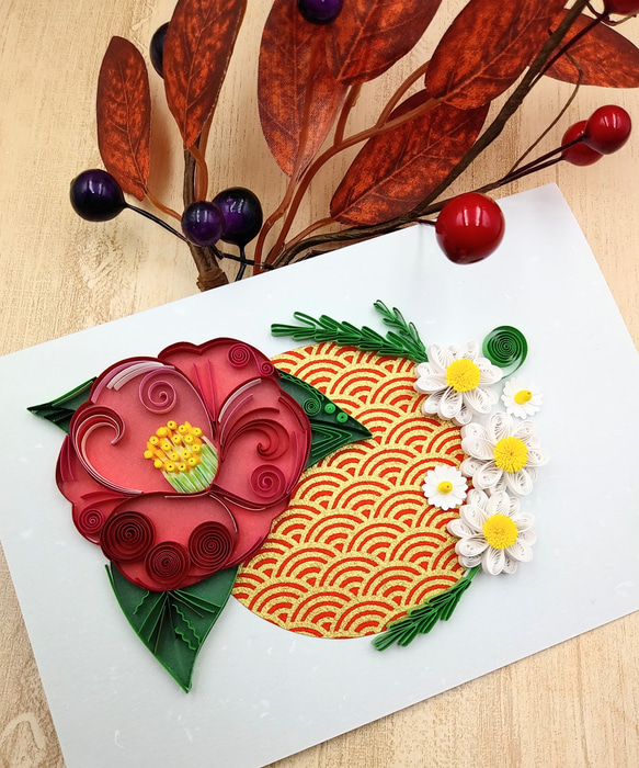 冬のお花のクイリングメッセージカード《椿×ノースポール》 2枚目の画像