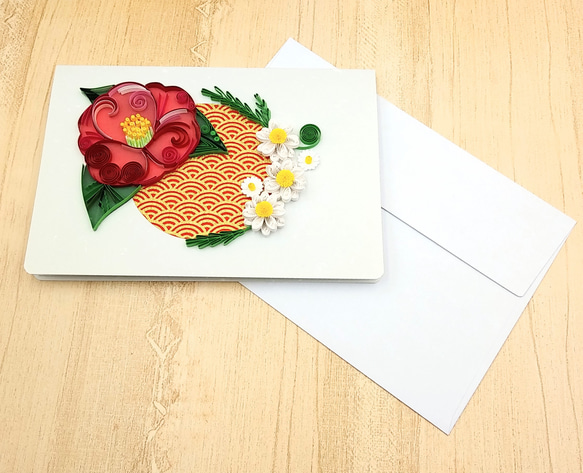 冬のお花のクイリングメッセージカード《椿×ノースポール》 6枚目の画像