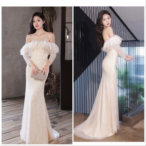 オフショルダー ウエディングドレス シャンパンカラー ドレス ウララ  