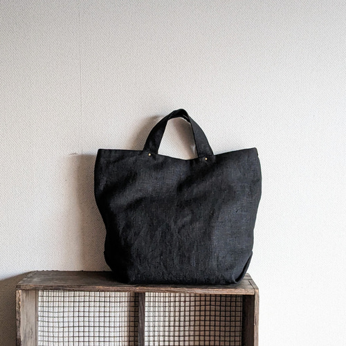 受注制作]リネンのトートバッグM△ブラック 持ち手長さ変更可能 トート