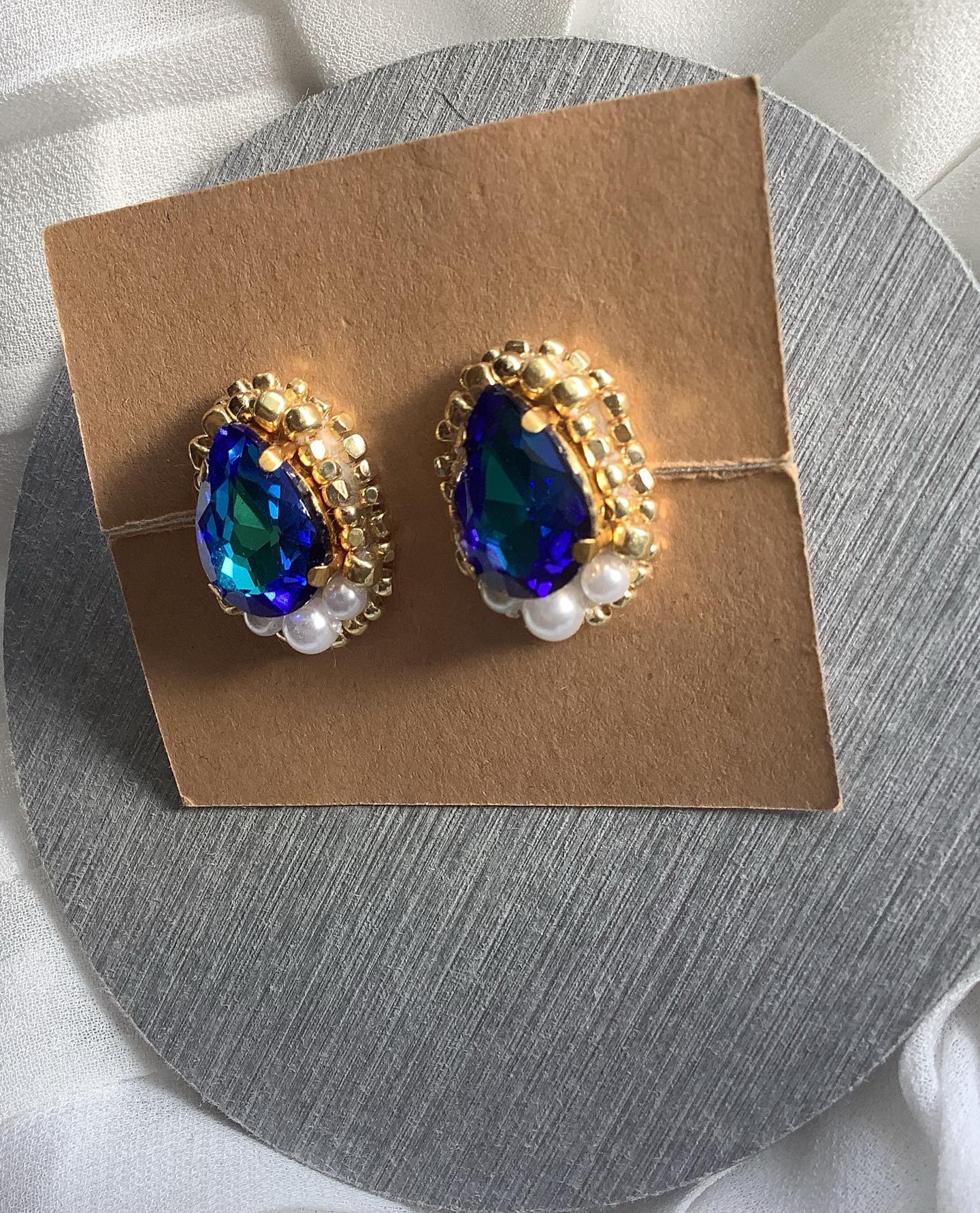 水色系　ビジュー　ピアス　ハンドメイド　イヤリング変更可