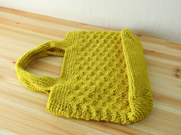 ちょっとお買い物！手編みミニトートバッグ 　松編み　小麦色 4枚目の画像