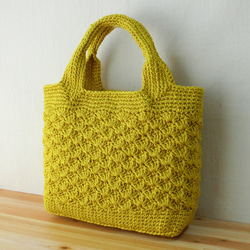 ちょっとお買い物！手編みミニトートバッグ 　松編み　小麦色 1枚目の画像