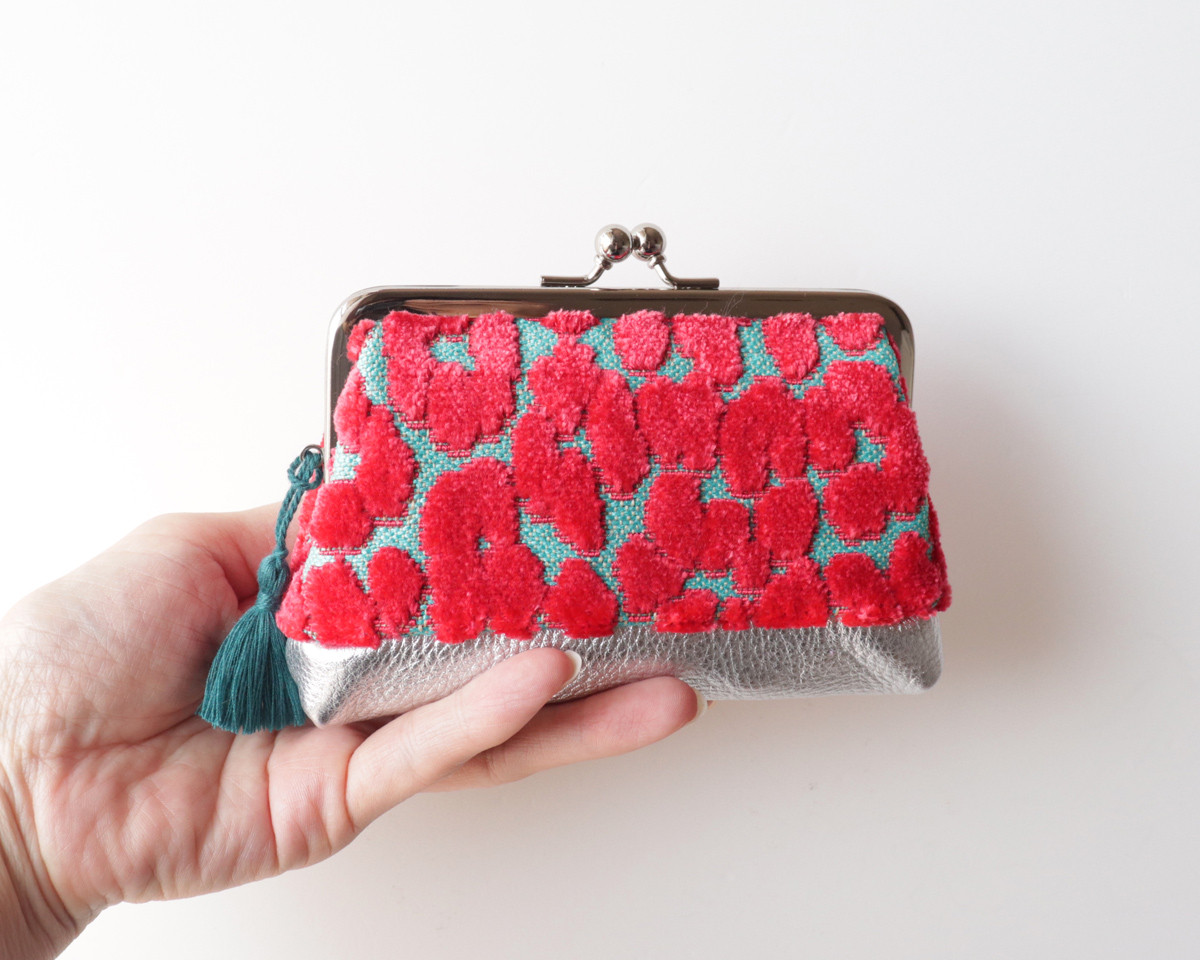 親子がま口財布・小物入れ レオパード柄と牛革レザー　Hot pink & Turquoise Velvet