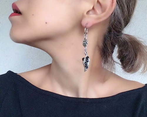 2way 樹脂ポスト シルバー フープ フープピアス 銀古美 薔薇 リーフ