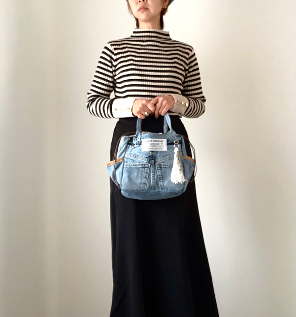 巾着付きリメイクデニムのスクエアバッグ ⁎ トートバッグ cittaRitta