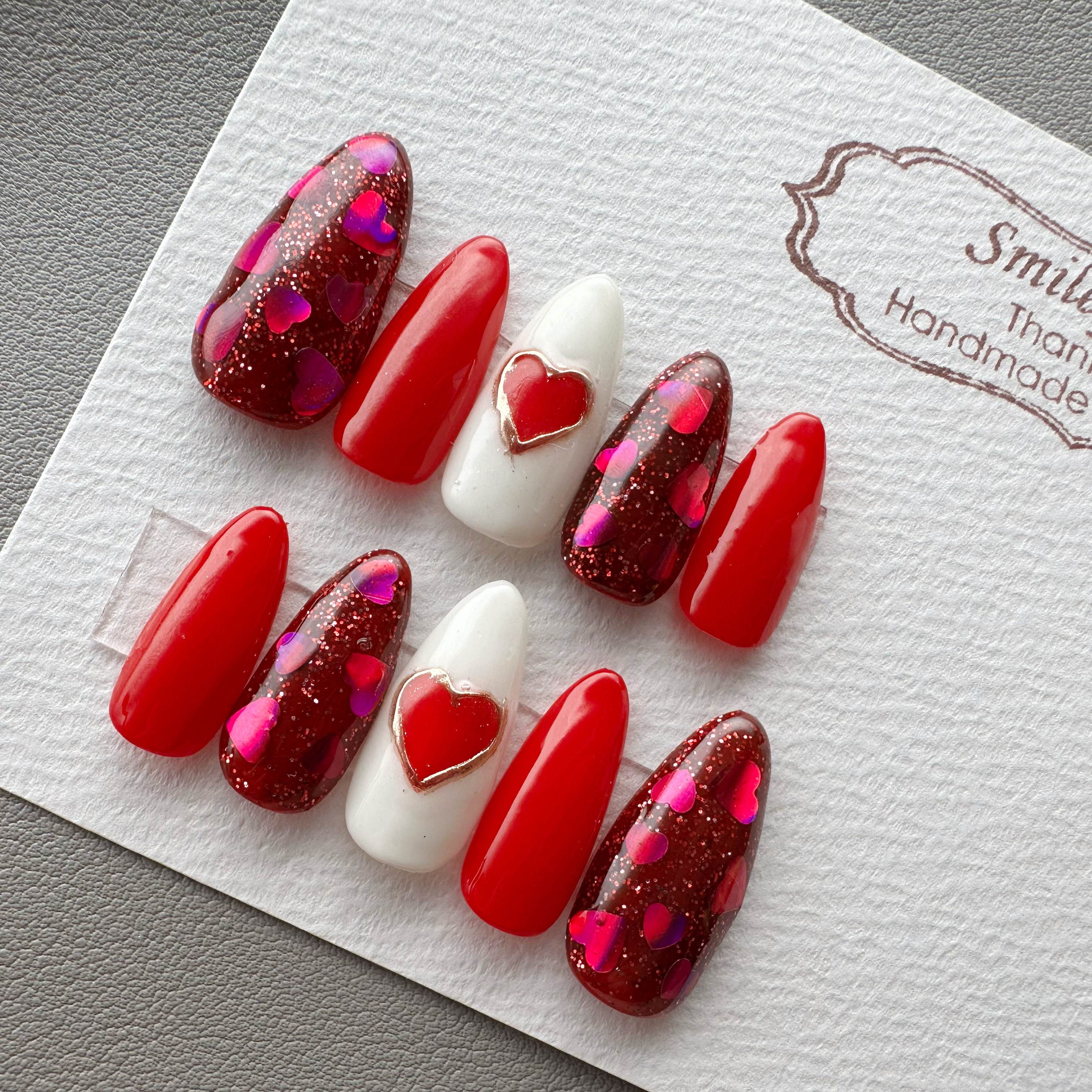 no.035ハートホロうめつくし バレンタイン リボン 赤マグネットネイル