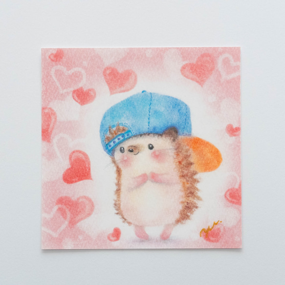【複製画】「ハリネズミくんのバレンタイン」　パステルアート　動物　ハート　ピンク　かわいい　イラスト 5枚目の画像