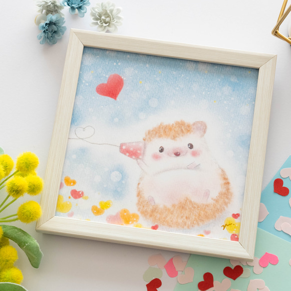 【複製画】「もしもし会いたいな」　ハリネズミ　ハート　パステルアート　動物　かわいい　イラスト 6枚目の画像