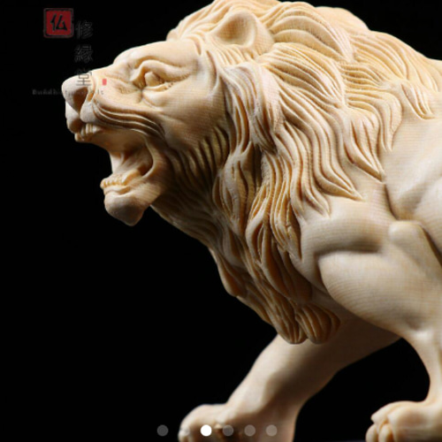 極上品 木彫り 置物 ライオン 精密彫刻 一刀彫 天然木檜材 F