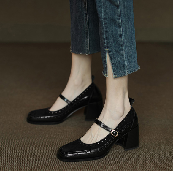 幅広 革靴 パンプス ストラップ ヒール ベルト メリージェーン靴