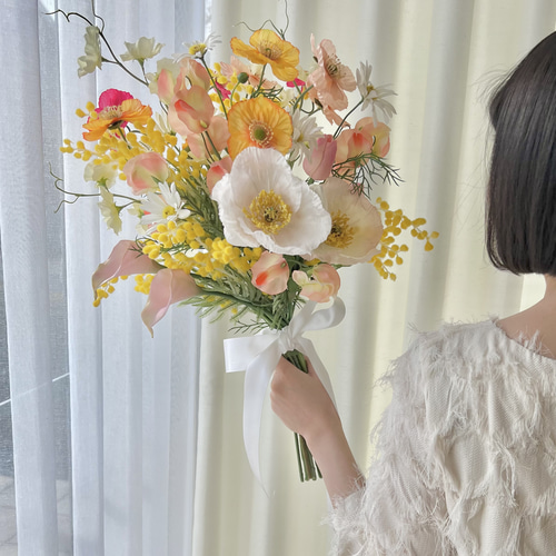 ミモザの春ブーケミモザ&ポピー&チューリップ&スイトピーの