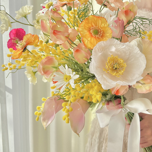 オレンジチューリップ♡ミモザ♡春のウェディングブーケ＆ブートニア