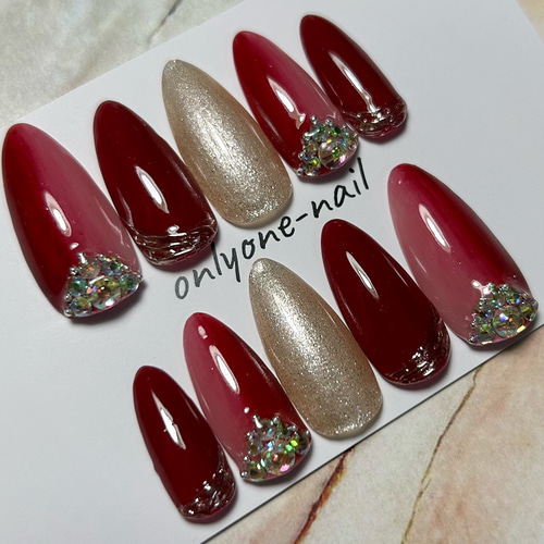 244】大人ボルドーのグラデーション♡ワンホンネイル♡ビジュー  