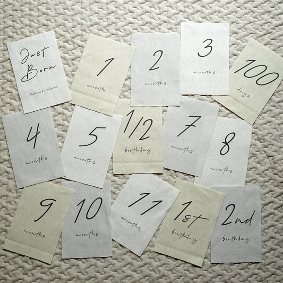 マンスリーカード 布 布製 15枚セット 月齢カード 月齢フォト ハガキサイズ コットンリネン mc0002 6枚目の画像