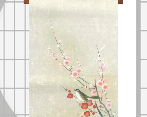 手描き和紙タペストリー(梅/メジロ) - 絵画
