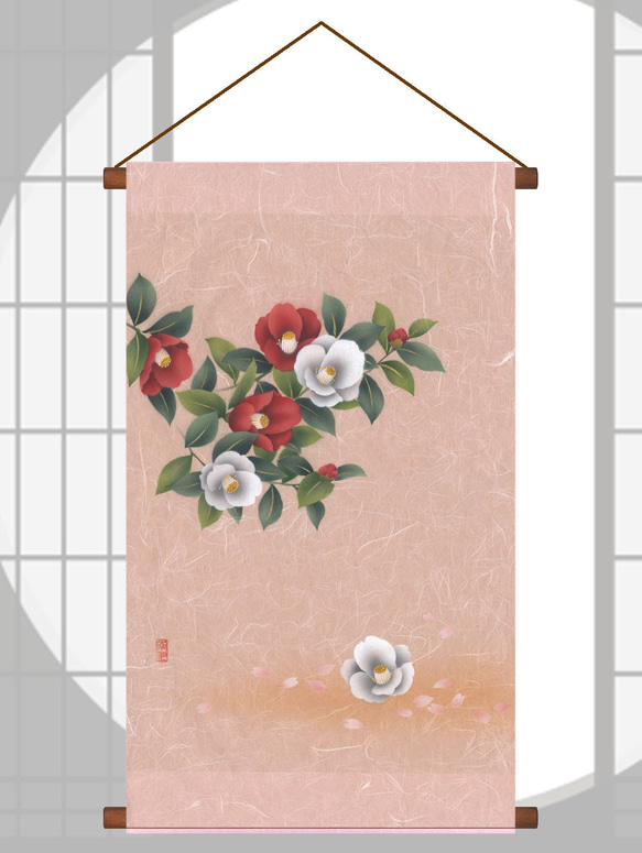 椿の壁飾りハンドメイドのタペストリー 冬の壁飾り 手染め京友禅和紙タペストリー 椿 その他インテリア雑貨 和