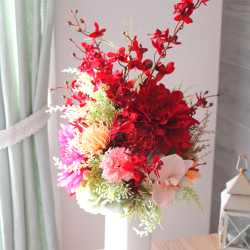 アーティフィシャルフラワー】華やかなダリアのアレンジメント 赤