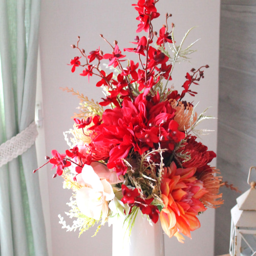 アーティフィシャルフラワー】華やかなダリアのアレンジメント 赤
