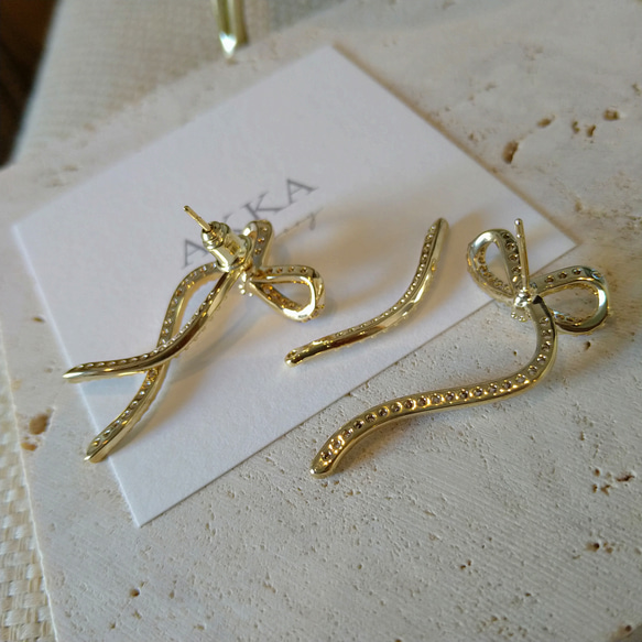 Ribbon bijou earrings  リボンビジュー樹脂イヤリング樹脂ピアス金属アレルギーノンホールピアス可愛い 15枚目の画像