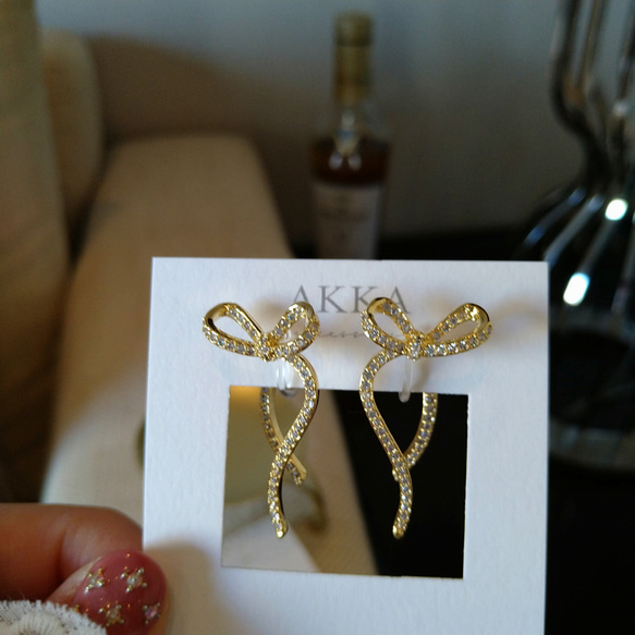Ribbon bijou earrings  リボンビジュー樹脂イヤリング樹脂ピアス金属アレルギーノンホールピアス可愛い 14枚目の画像