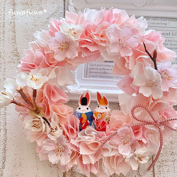 ひなまつりに♪桜の布リース〜うさぎのお雛様つき〜 リース ひなまつりに♪桜の布リース〜うさぎのお雛様つき〜 リース