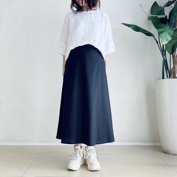 ウエストまわりスッキリAラインスカート♪  cotton linen spandex (Black)　 2枚目の画像