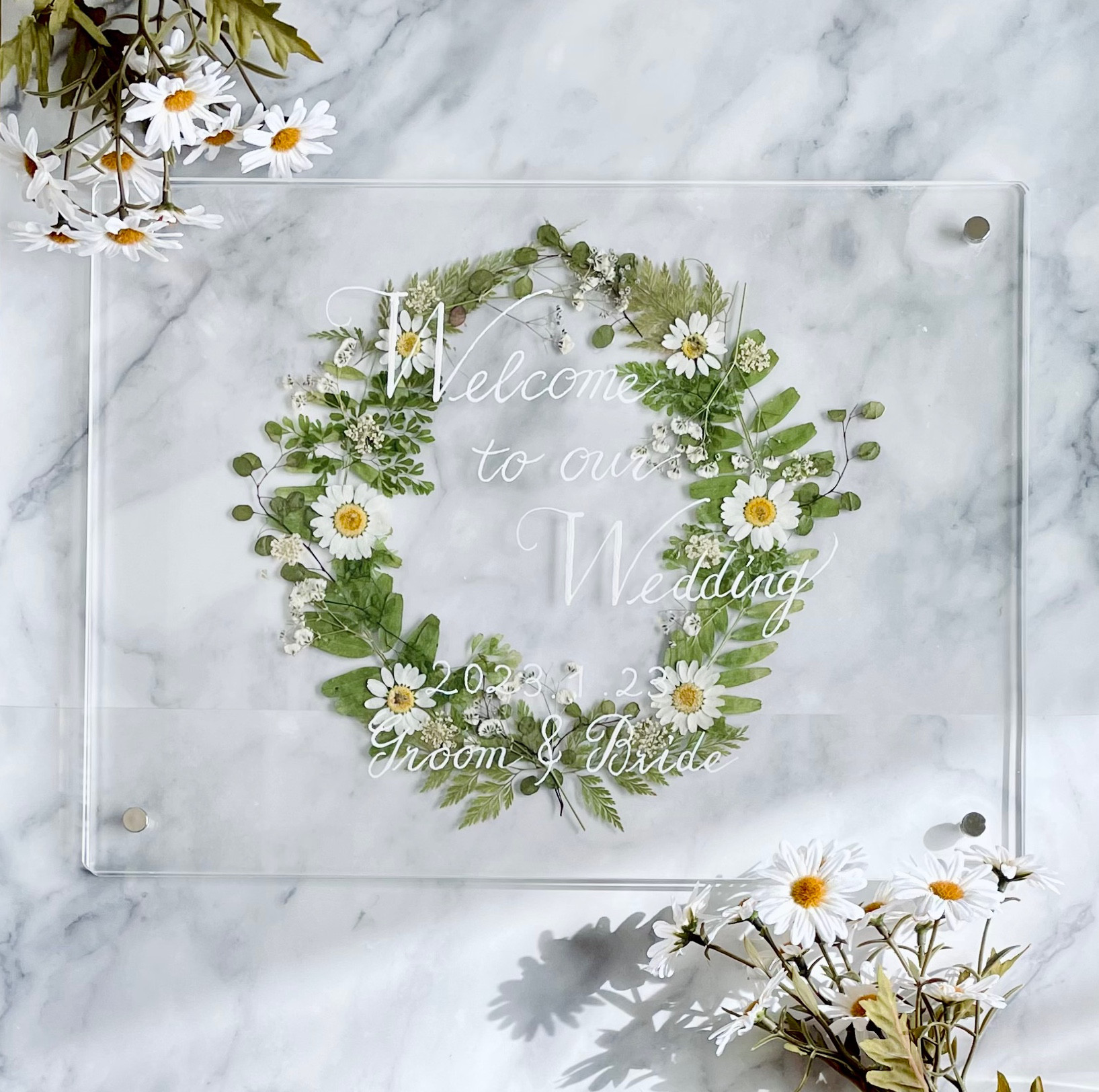 【手書き】アクリル ウェルカムボード 押し花 ホワイト (No015)
