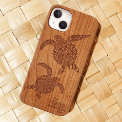 iPhone 【SURFACE】桜ウッドケース　限定機種　木製　ウミガメ　ハワイ　海系　ホヌ　ダイビング　スマホケース 1枚目の画像
