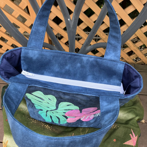 ハワイアンキルト パンの木の小さめトートバック白グリーン 受注製作