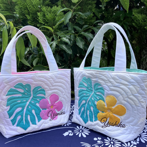ハワイアンキルト パンの木の小さめトートバック白グリーン 受注製作