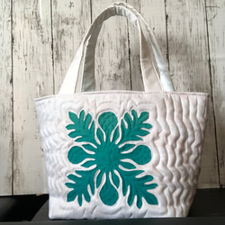 ハワイアンキルト　パンの木の小さめトートバック白グリーン　受注製作 4枚目の画像