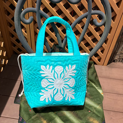 ハワイアンキルト　パンの木の小さめトートバック白グリーン　受注製作 7枚目の画像