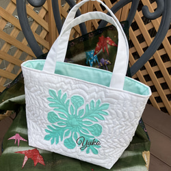 ハワイアンキルト　パンの木の小さめトートバック白グリーン　受注製作 12枚目の画像