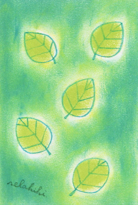 セラキキしおりNO.２３「葉っぱちゃんたち」　（セラキキのパステル画プリントしおり） 6枚目の画像
