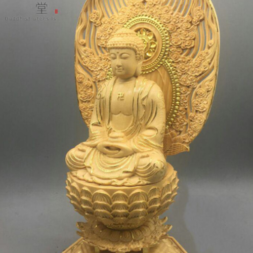 豪華！木彫仏像 釈迦牟尼仏 釈迦如来座像 彫刻 本金 切金 天然木檜材 F