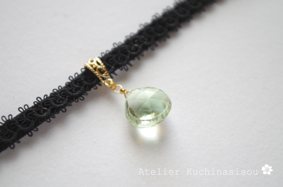 【訂做】梭織蕾絲天鵝絨絲帶頸鍊<綠紫水晶> 第3張的照片