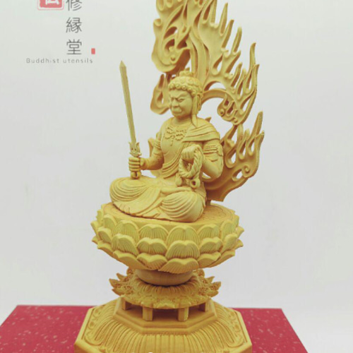 珍品 木彫り 仏像 不動明王座像 ミニ 彫刻 総柘植材 仏教工芸 F 彫刻