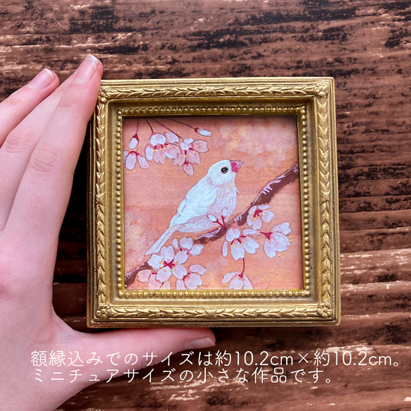 【受注制作】小さな絵画　春と桜と白文鳥①　　　　/原画　日本画　鳥　アート　インテリア　 2枚目の画像