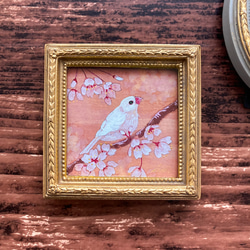 【受注制作】小さな絵画　春と桜と白文鳥①　　　　/原画　日本画　鳥　アート　インテリア　 1枚目の画像