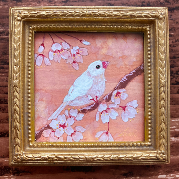 【受注制作】小さな絵画　春と桜と白文鳥①　　　　/原画　日本画　鳥　アート　インテリア　 3枚目の画像