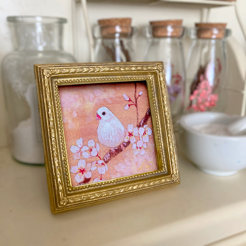 買い保障できる 受注制作】小さな絵画 春と桜と白文鳥② /原画 日本画 鳥 アート 絵画