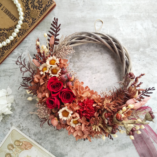 Lune Bonheur＜rouge antique＞＊ハーフムーンリース＊母の日＊春