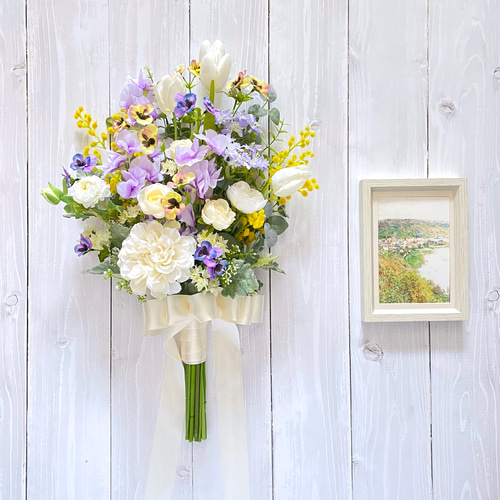 【造花】ウエディングブーケ　ミモザとチューリップ オーダーメイド】チューリップ と ミモザ のガーデン風 クラッチ