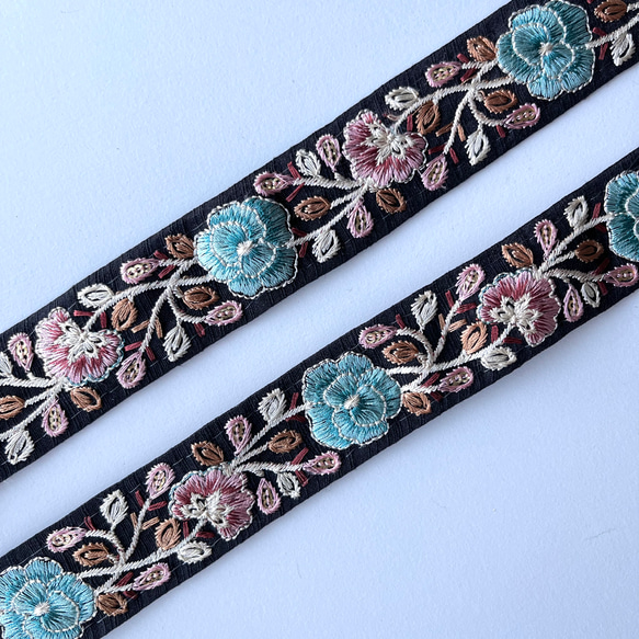【50cm】インド刺繍リボン　ブラックxシーグリーン　シルク　SS507 6枚目の画像